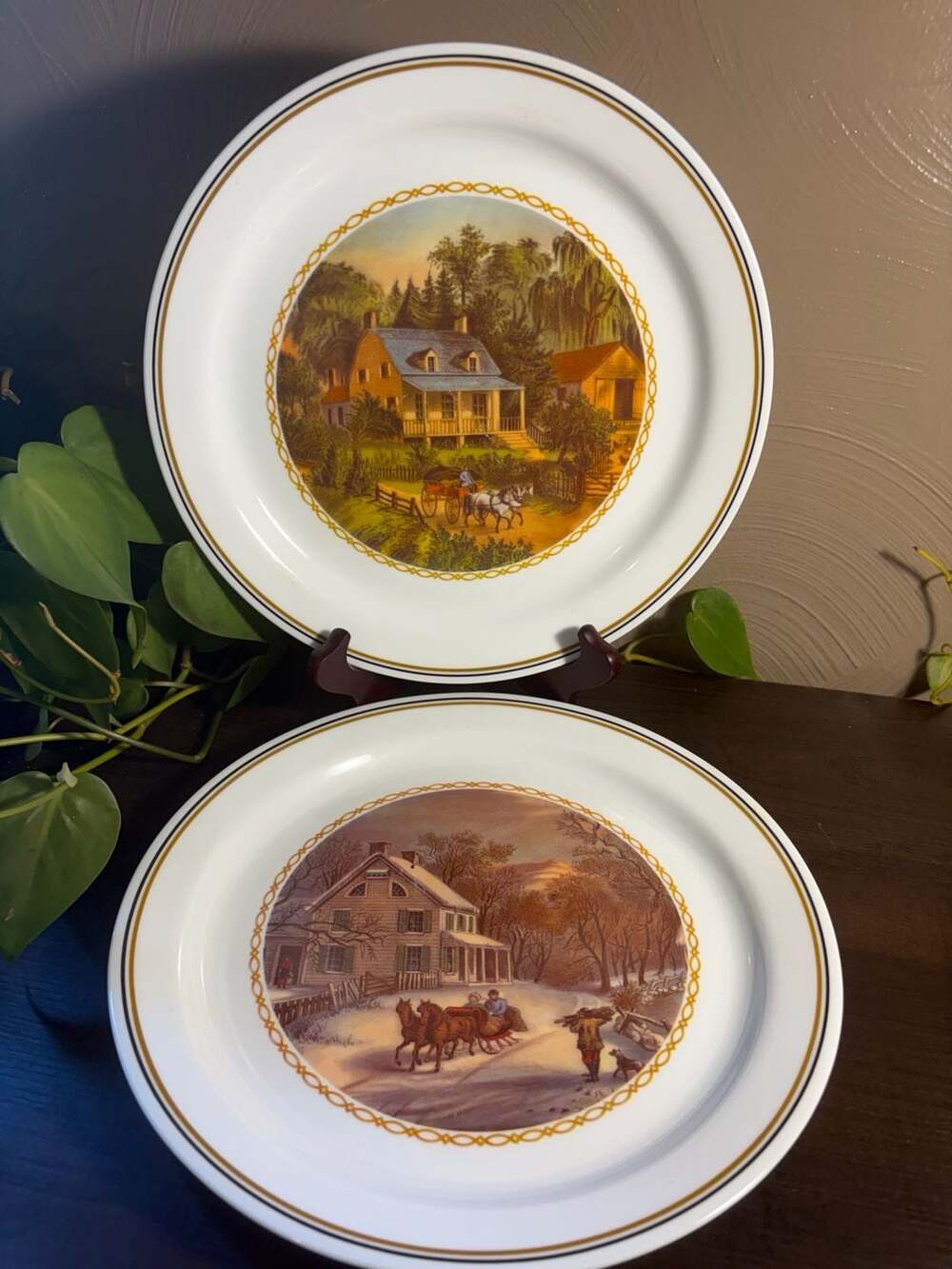 Set of 2 Vintage Corelle Currier & Ives Dinner Plates, Summer & Winter Scenes